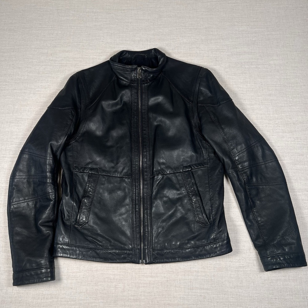 BOSS Hugo Boss Nikson Men's Black Lamb Leather Zip Moto Jacket Size 48 US 38R